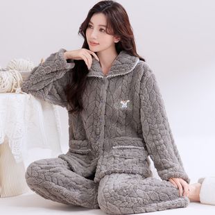 加厚女士睡衣家居服套装长毛绒保暖法兰绒珊瑚绒秋冬季加肥可外穿