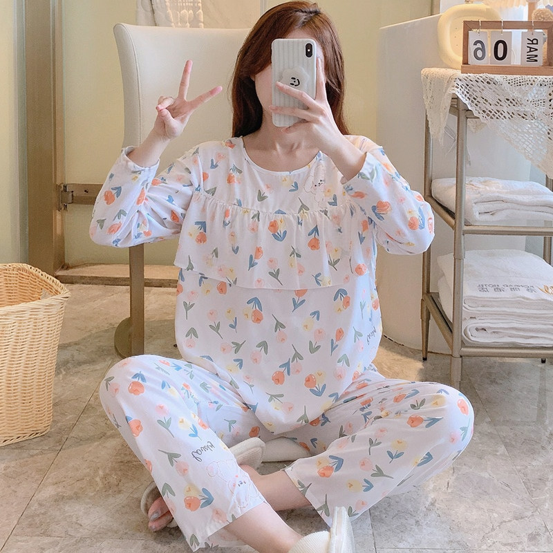 田园风防凸点睡衣女人造棉绸春秋长袖薄款夏天绵绸女家居服可外穿