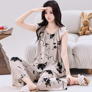 睡衣女士棉绸夏天田园国风新中式短袖长裤春秋绵绸薄款家居服套装