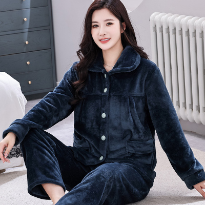 新款秋冬季加厚珊瑚绒睡衣女可外穿中年法兰绒套装保暖大码家居服