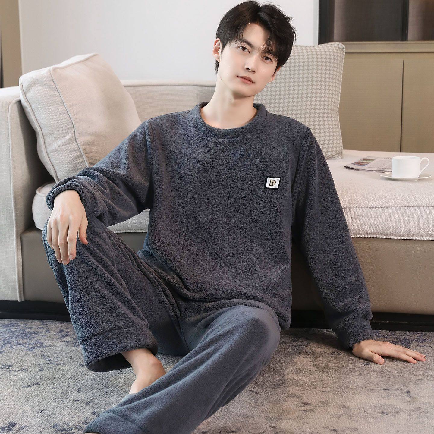 睡衣秋冬男士套头宽松加厚加绒珊瑚绒家居服可外穿保暖新款颗粒绒