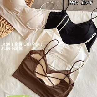 327无痕冰丝美背背心吊带内衣一体固定杯后背交叉细带抹胸防走光