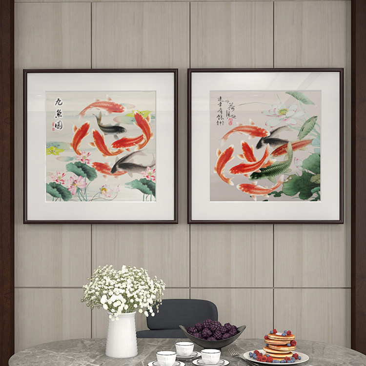 斗方九鱼图国画墙画锦鲤挂画餐厅装饰画客厅玄关进门走廊挂画