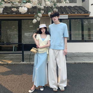 disoo情侣装夏装2026新款潮一裙一衣套装高级感短袖男女连衣裙t恤