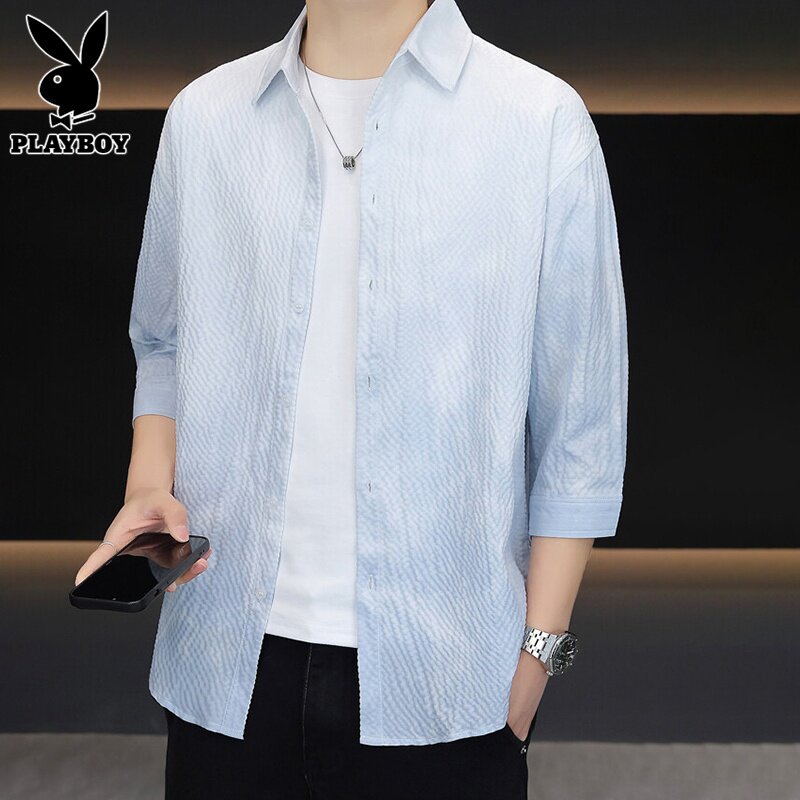花花公子渐变短袖衬衫男士冰丝寸衣2025年夏季新款凉感七分衬衣男