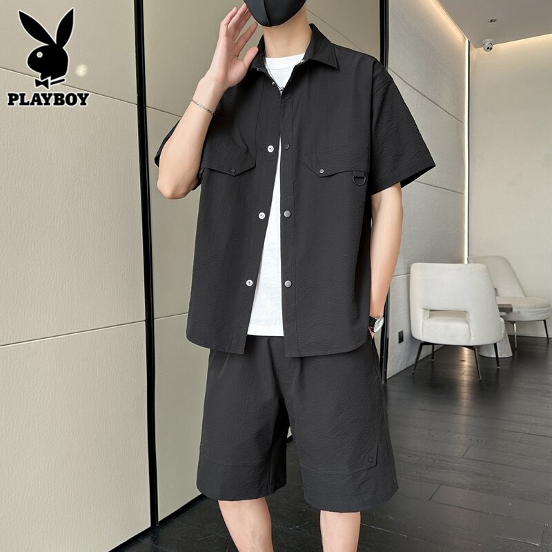 花花公子工装短袖套装男士运动服夏季冰丝衬衫搭配休闲短裤男一套