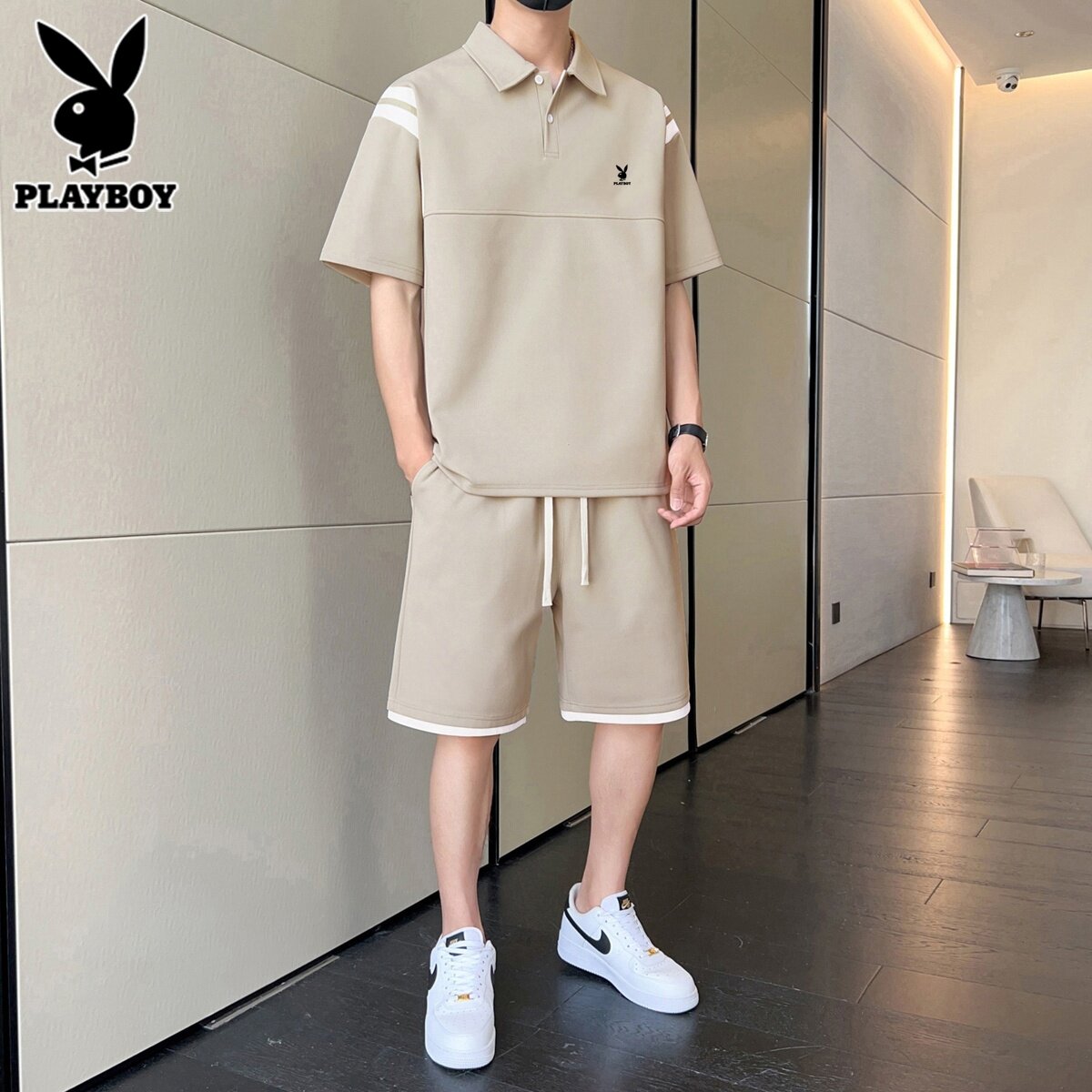 花花公子冰丝短袖休闲套装男士运动服新薄款凉感短裤夏季t恤一套
