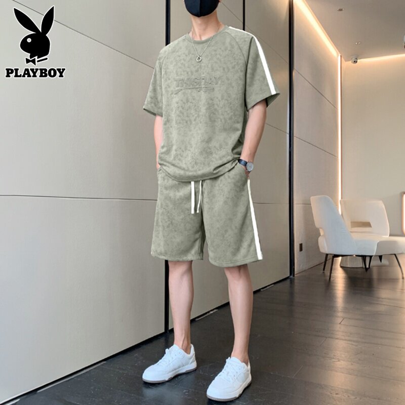 花花公子扎染休闲套装男士2026夏季短袖t恤搭配冰丝运动短裤一套