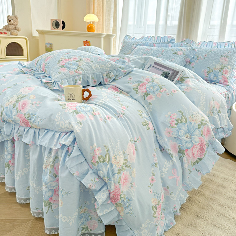 全棉夹棉公主风床裙式四件套斜纹纯棉床罩款床上四件套被套床盖