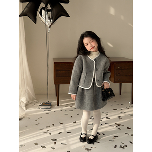 保暖半身裙套装 Harper 洋气灰色小香风毛呢外套女童冬季 童装 kids