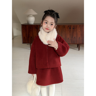 裙子过年套装 Harper 红色新年圣诞毛呢外套女童冬季 童装 年服 kids