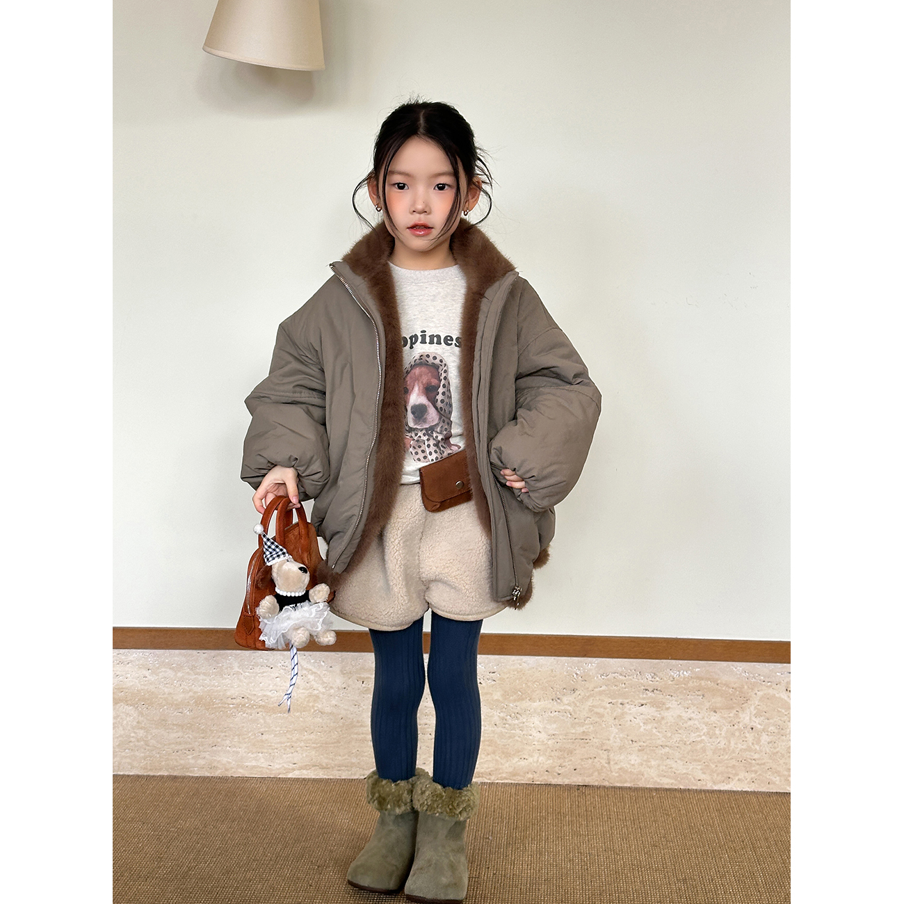 女童两面穿保暖毛绒外套冬季新款