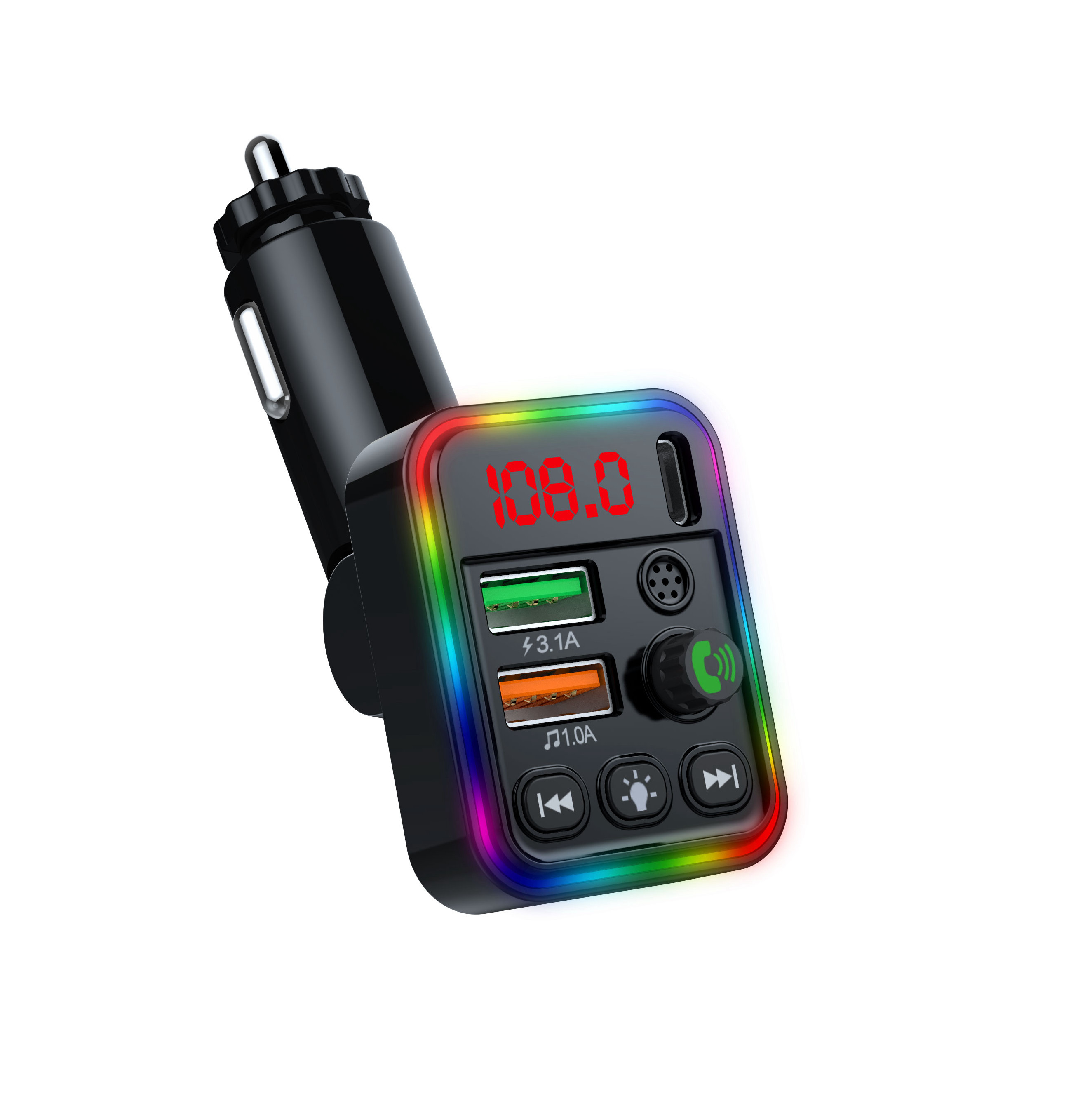 车载MP3蓝牙FM发射器AUX蓝牙七彩氛围灯语音助手3.1A快充 正品包