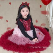 kw家女童红色亮片网纱连衣裙冬渐变蓬蓬蛋糕公主裙新年圣诞礼服
