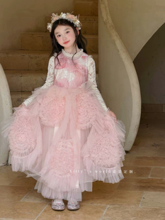 kw家女童粉色重工公主裙网纱蓬蓬裙生日礼服裙立体花朵长款连衣裙