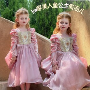 kw家女童爱丽儿人鱼粉色公主裙连衣裙女童网纱蓬蓬长裙生日礼服