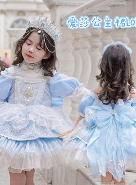 kw家女童艾莎公主裙洛丽塔春夏冰雪奇缘蓝色蓬蓬裙生日礼服连衣裙