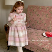 kw家女童格子粉色连衣裙夹棉加厚甜美洋气公主裙