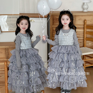 kw家女童灰色公主裙亮片流苏无袖背心裙生日蛋糕裙礼服裙25秋冬裙