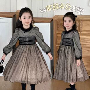 kw家女童法式赫本风波点长袖连衣裙秋冬网纱生日表演洋气礼服裙