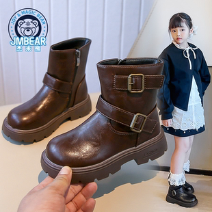 杰米熊童鞋女童靴子儿童马丁靴2025冬季新款宝宝公主短靴皮靴黑色