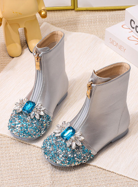 2023秋冬新款女童爱莎公主靴子水晶宝石加绒软底短靴皮靴艾莎冰雪