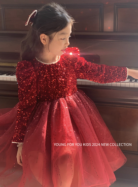 YFY女童冬季红色亮片裙公主裙礼服拜年服新年服连衣裙闪闪圣诞节