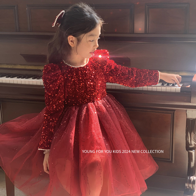 女童冬季新款红色连衣裙