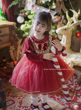 YFY秋冬女童新年圣诞节公主风红色蓬蓬裙发光裙喜庆连衣裙拜年服