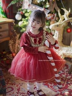 YFY秋冬女童新年圣诞节公主风红色蓬蓬裙发光裙喜庆连衣裙拜年服