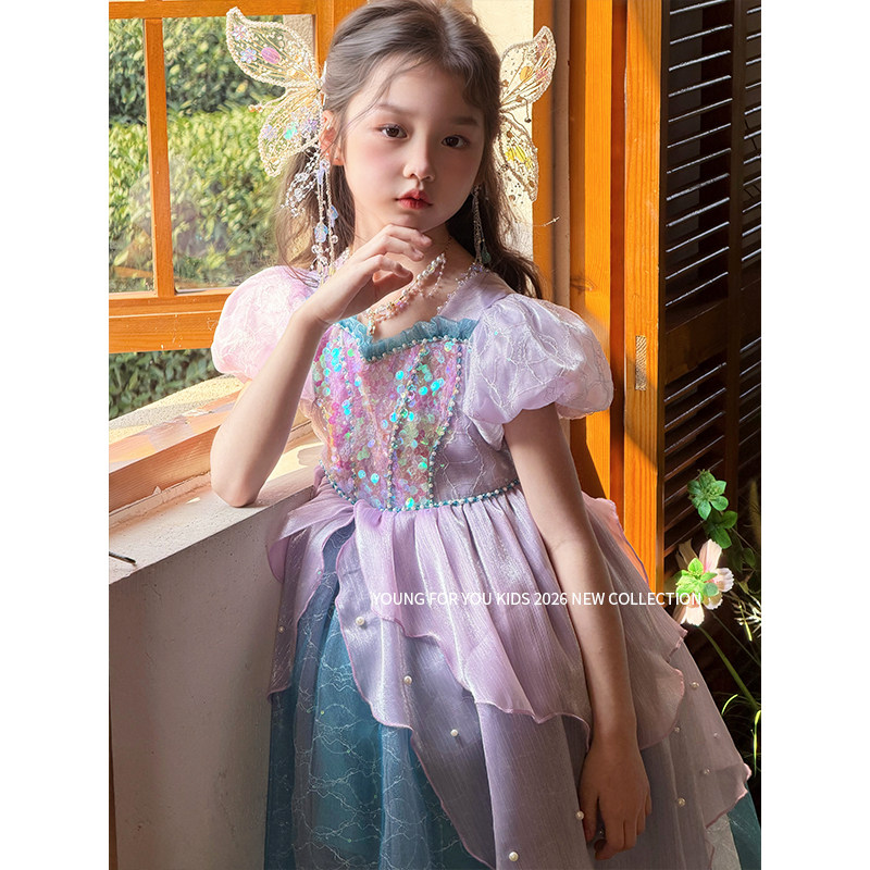 YFY夏季女童美人鱼公主裙连衣裙亮片生日礼服六一节紫色爱丽儿