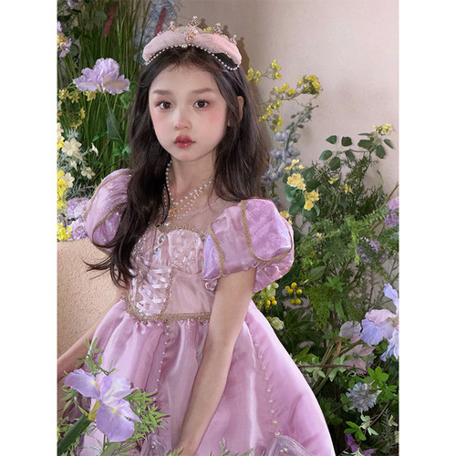 YFY女童春夏爱丽儿公主美人鱼粉紫色生日礼服公主裙长裙蓬蓬裙