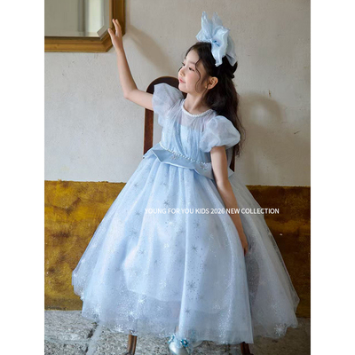 YFY夏季女童艾莎公主雪花网纱公主裙连衣裙生日礼服冰雪六一
