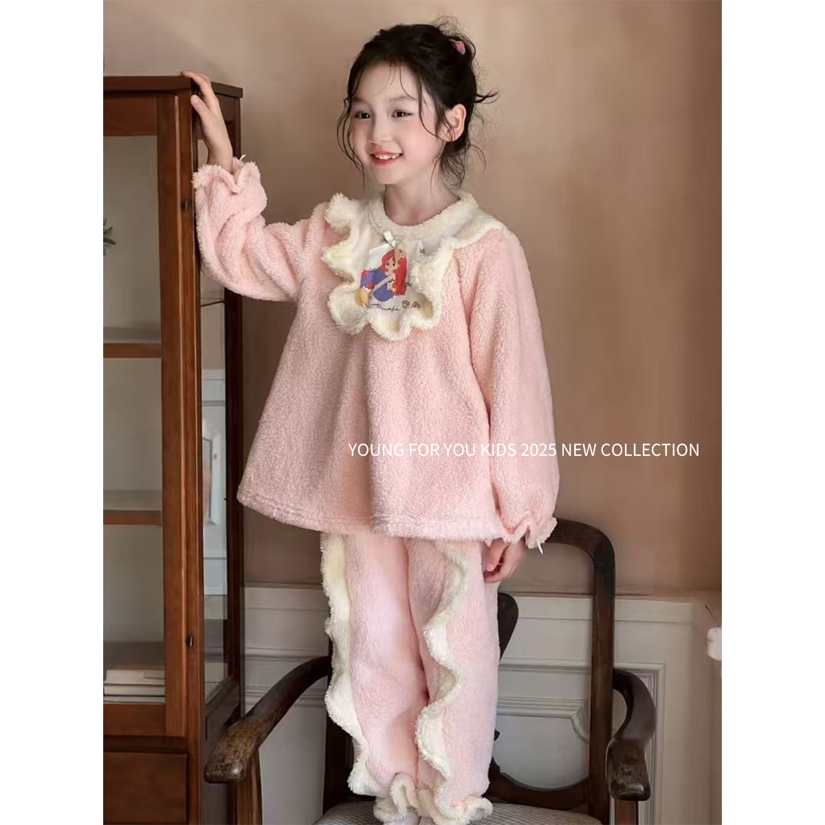 YFY冬季女童爱丽儿美人鱼睡衣套装家居服法兰绒珊瑚绒保暖加厚