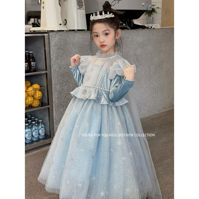 YFY秋冬女童艾莎公主雪花网纱公主裙连衣裙生日礼服冰雪圣诞