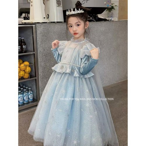 YFY秋冬女童艾莎公主雪花网纱公主裙连衣裙生日礼服冰雪圣诞
