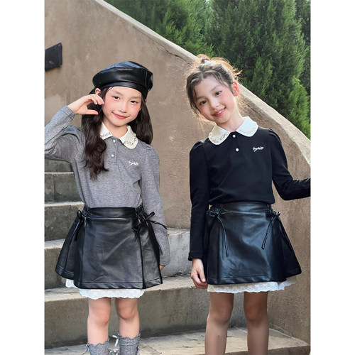 YFY女童秋冬钉钻针织打底polo领学院风百搭长袖上衣皮裙半裙