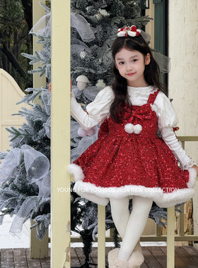 YFY冬季女童红色亮片公主裙连衣裙闪闪圣诞新年洛丽塔背心裙喜庆