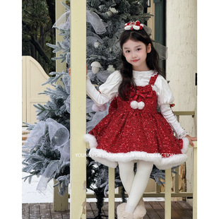 YFY冬季女童红色亮片公主裙连衣裙闪闪圣诞新年洛丽塔背心裙喜庆