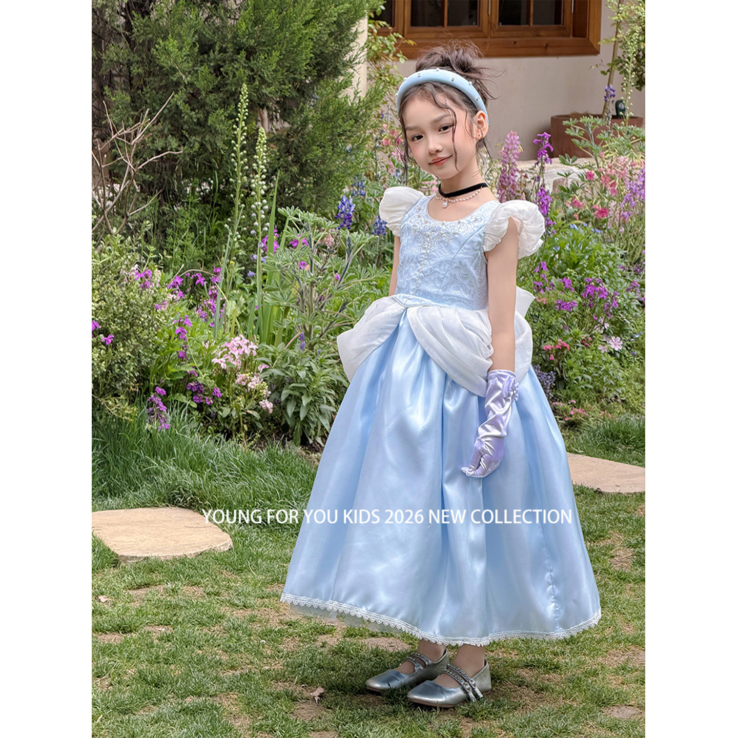 YFY夏季女童高定蓝色灰姑娘辛德瑞拉公主裙连衣裙蓬蓬裙复古生日