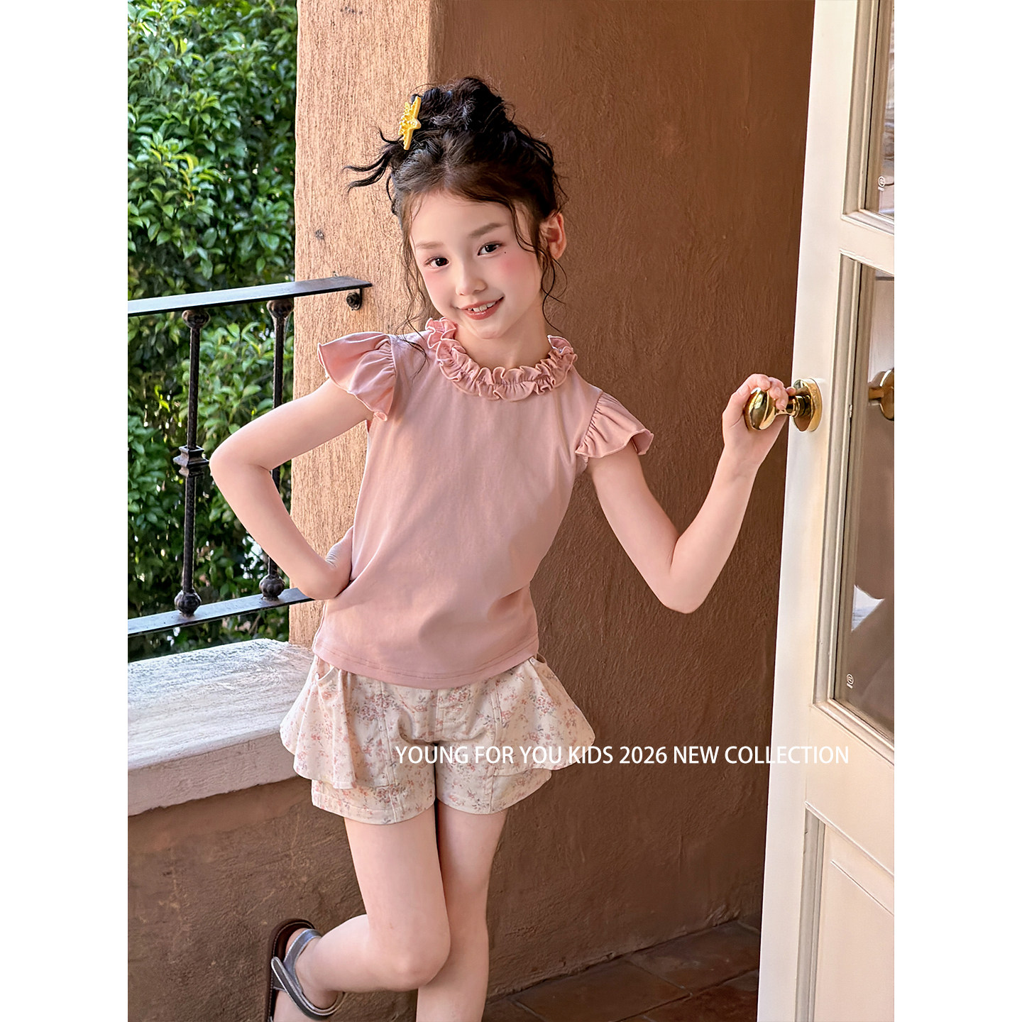 YFY夏季新款女童粉色飞袖套装碎花短裤儿童韩系休闲两件套甜美风