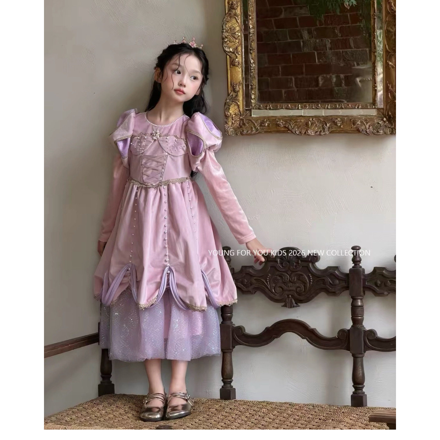 YFY秋冬女童爱丽儿美人鱼公主裙复古宫廷风长裙生日珍珠蓬蓬裙图片