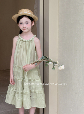 YFY夏季女童绿色天丝挂脖手工领连衣裙韩系度假风法式吊带裙无袖