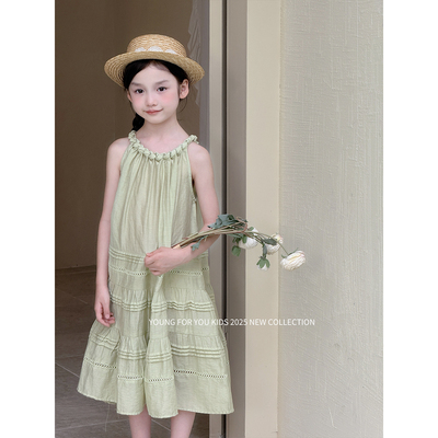 YFY夏季女童绿色天丝挂脖手工领连衣裙韩系度假风法式吊带裙无袖