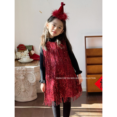 YFY秋冬女童红色流苏裙闪闪公主裙拜年服喜庆过年背心裙连衣裙