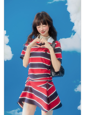 DUBZZY【游乐园】设计感抽绳修身polo领条纹欧若风连衣裙女L154S2