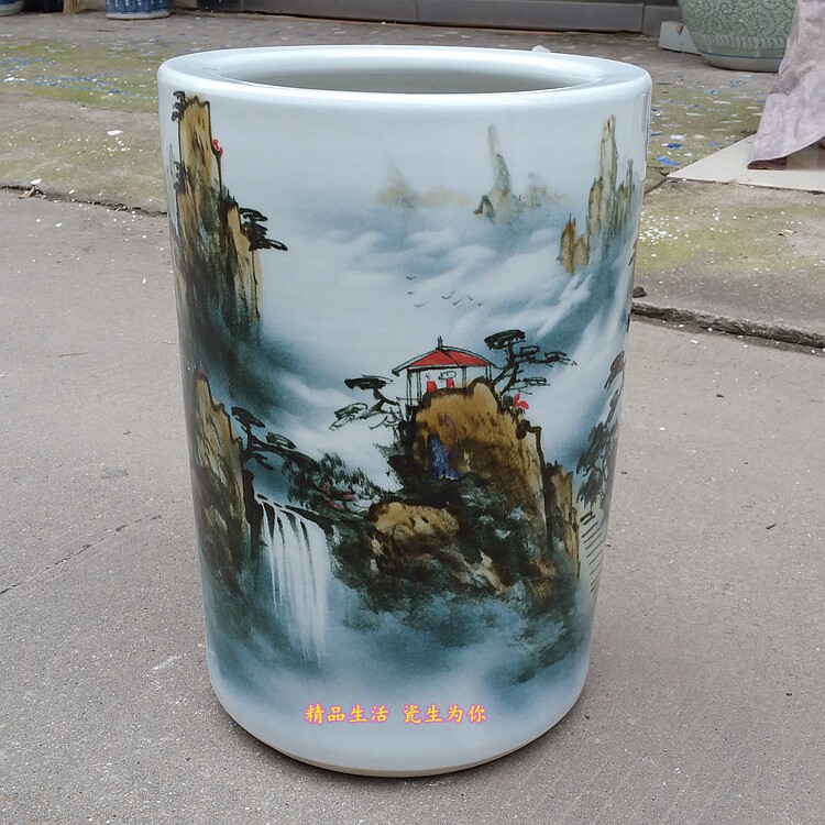 景德镇陶瓷器手绘山水画直筒大花瓶字画筒书画卷轴缸宣纸桶雨伞筒