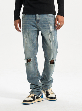 SlowGang欧美嘻哈说唱水洗高街直筒显瘦微弹低腰Drip牛仔裤男潮牌