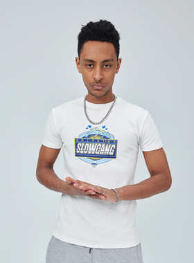 SlowGang修身嘻哈重磅印花短袖 Drip美式小领口紧身半袖弹力t恤男