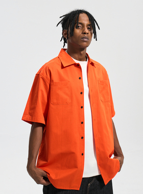 SlowGang美式西海岸橙色工装衬衫男CleanFit嘻哈夏季宽松重磅短袖